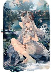 Rule 34 | 1girl, animal ear fluff, animal ears, arknights, arms behind back, bare legs, barefoot, bikini, blush, camunekoz, cloak, criss-cross halter, feet, flower, halterneck, highres, horse ears, horse girl, horse tail, knees up, laurel crown, legs, long hair, looking at viewer, navel, official alternate costume, outdoors, petals, platinum (arknights), platinum (shimmering dew) (arknights), silver hair, sitting, soles, solo, stomach, swimsuit, tail, toes, underwear, water, white bikini, white cloak