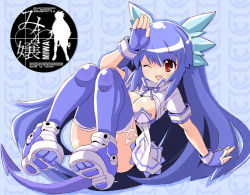 Rule 34 | blue hair, breasts, cleavage, clothes lift, demon tail, gloves, kitsune choukan, large breasts, long hair, one eye closed, open mouth, red eyes, shiika sadamasa, shirt lift, sitting, tail, thighhighs, twintails, underboob, wink
