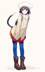 Rule 34 | 1girl, animal hat, asahikawa hiyori, backpack, bag, beige background, blue pantyhose, boots, brown eyes, brown footwear, brown hair, cat girl, cat hat, cat tail, closed mouth, coat, duffel coat, full body, hair between eyes, hands in pockets, hat, leaning forward, looking at viewer, matching hair/eyes, original, pantyhose, pink background, plaid, plaid skirt, pleated skirt, red skirt, short hair, simple background, skirt, solo, standing, tail