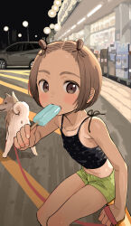 1girl absurdres animal anus bad_id bad_twitter_id bangs_pinned_back black_camisole blush brown_hair building camisole car convenience_store dog food green_shorts highres holding holding_food holding_popsicle leash legs_together looking_at_viewer masuda_(yousaytwosin) motor_vehicle night on_railing original outdoors parking_lot popsicle railing shiba_inu shop short_hair short_shorts shorts sign sitting solo