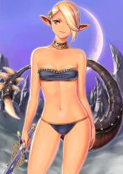 Rule 34 | 1girl, adapted costume, areuhat, arms at sides, bare arms, bare shoulders, bikini, blonde hair, breasts, cleavage, closed mouth, contrapposto, cowboy shot, dragon tail, elf, elvaan, final fantasy, final fantasy xi, gold trim, hair ornament, hair over one eye, highres, holding, holding sword, holding weapon, jewelry, legs apart, looking to the side, midriff, moon, navel, neck ring, pink lips, pointy ears, purple bikini, purple eyes, purple pupils, short hair, small breasts, smile, solo, spiked tail, standing, straight-on, strapless, strapless bikini, swimsuit, sword, tail, tail raised, taisai soft, thighs, weapon
