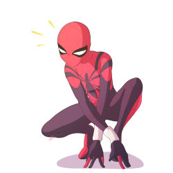Rule 34 | 1girl, absurdres, animification, black mask, bodysuit, breasts, crossed arms, highres, looking down, marvel, mask, red bodysuit, shadow, small breasts, solo, spider-girl, spider-man (series), squatting, superhero costume, thejg