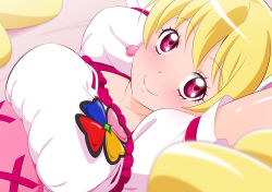 Rule 34 | 1girl, blonde hair, breasts, closed mouth, collarbone, cure peach, earrings, fresh precure!, fuchi (nightmare), heart, heart earrings, jewelry, large breasts, light blush, long hair, looking at viewer, magical girl, momozono love, pink eyes, precure, puffy short sleeves, puffy sleeves, short sleeves, smile, solo, twintails, upper body
