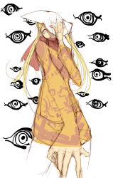 Rule 34 | 1girl, blonde hair, dress, female focus, final fantasy, final fantasy tactics, helmet, kazamidori (lumq), kazamidory, long hair, mask, mime, mime (fft), open mouth, partially colored, solo, white background