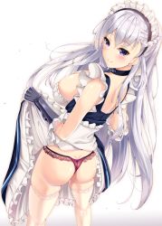 Rule 34 | 1girl, ass, azur lane, belfast (azur lane), black gloves, blue eyes, blush, breasts, chain, clothes lift, collar, cowboy shot, elbow gloves, frilled gloves, frills, from above, from behind, fukuda shuushi, gloves, highres, lace, lace-trimmed legwear, lace-trimmed panties, lace trim, large breasts, lifted by self, long hair, lowleg, lowleg panties, maid, maid headdress, panties, purple panties, shiny skin, skirt, skirt lift, solo, standing, thighhighs, underwear, white background, white hair, white thighhighs