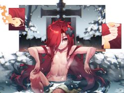 Rule 34 | 1girl, absurdres, bysne, choko (cup), closed mouth, commentary, covering privates, cup, english commentary, fire, flat chest, hair ornament, hair over one eye, highres, holding, holding cup, long hair, looking at viewer, navel, nude cover, one eye covered, planted, planted sword, planted weapon, red eyes, scar, scar on arm, scar on chest, scar on leg, scar on stomach, second-party source, signature, solo, sword, tokkuri, towel, very long hair, water, weapon, wet, x hair ornament