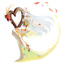 Rule 34 | 1girl, :d, absurdres, bad id, bad pixiv id, bare shoulders, breasts, cleavage, commentary request, dress, elf, flower, grey hair, harp, headpiece, high heels, highres, holding, holding instrument, instrument, long hair, looking at viewer, medium breasts, open mouth, original, parted bangs, partial commentary, petals, pointy ears, red flower, red rose, rose, segawa luna, shoes, simple background, sleeveless, sleeveless dress, smile, solo, very long hair, white background, white dress, yellow footwear