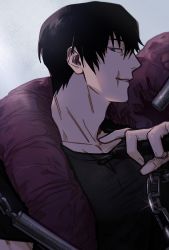 Rule 34 | 1boy, black hair, black shirt, blue eyes, fushiguro touji, grmms otk, hand up, holding, holding weapon, jujutsu kaisen, looking down, male focus, monster, parted lips, profile, scar, scar on face, shirt, short hair, sideways glance, simple background, smile, solo, three section staff, upper body, weapon, white background