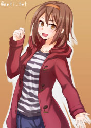 Rule 34 | 10s, 1girl, anti (untea9), blouse, blush, brown background, brown eyes, brown hair, casual, coat, commentary request, duffel coat, hair between eyes, hairband, highres, jacket, kantai collection, looking at viewer, open clothes, open jacket, open mouth, red hairband, shiratsuyu (kancolle), shirt, short hair, simple background, smile, solo, striped clothes, striped shirt, twitter username