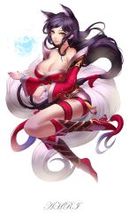 Rule 34 | 1girl, ahri (league of legends), animal ears, bangle, bare shoulders, black hair, boots, bracelet, breasts, character name, citemer, cleavage, fingernails, fox ears, full body, highres, huge breasts, jewelry, large breasts, league of legends, lips, liuruoyu8888, long hair, low-tied long hair, low neckline, nail polish, parted lips, solo, tail, very long hair, white background, yellow eyes