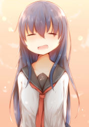 Rule 34 | 1girl, absurdres, akatsuki (kancolle), anchor symbol, blush, brown background, closed eyes, collarbone, commentary request, facing viewer, hair between eyes, highres, kantai collection, long hair, long sleeves, neckerchief, no headwear, open mouth, red neckerchief, school uniform, serafuku, shirt, simple background, solo, sorahachi (sora823), tears, upper body, very long hair, white shirt