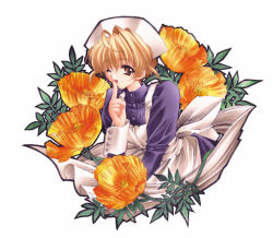 Rule 34 | 00s, 1girl, ;d, apron, blonde hair, brown eyes, buttons, carnelian, finger to mouth, flower, highres, kao no nai tsuki, kurihara sayaka, leaning forward, long sleeves, looking at viewer, maid, maid apron, one eye closed, open mouth, short hair, smile, solo, wink