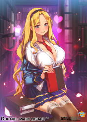 Rule 34 | 1girl, aqua eyes, aura, between breasts, blazer, blonde hair, blush, book, breasts, cleavage, copyright name, garter straps, hairband, heart, holding, holding book, indoors, jacket, lace, lace-trimmed legwear, lace trim, large breasts, library, long hair, miniskirt, necktie, official art, petals, pleated skirt, popqn, qurare magic library, sitting, skirt, smile, solo, thighhighs, unbuttoned, unbuttoned shirt