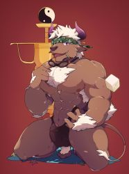Rule 34 | 1boy, abs, animal ears, bad id, bad twitter id, bara, black male swimwear, black male underwear, black swim briefs, briefs, brown fur, bulge, camouflage, camouflage headwear, chest hair, cow ears, cow horns, full body, furry, furry male, goggles, goggles around neck, headband, highres, horns, large pectorals, male focus, male swimwear, male swimwear pull, male underwear, male underwear pull, minotaur, mochi (kryzkrynfflyayl), muscular, muscular male, navel, nipples, oversized object, pectorals, penis, penis peek, pulled by self, purple eyes, purple horns, shennong (housamo), shennong (summer) (housamo), short hair, solo, squatting, swim briefs, swim briefs pull, swimsuit, syringe, thick thighs, thighs, tokyo houkago summoners, tongue, tongue out, underwear, underwear only, white hair