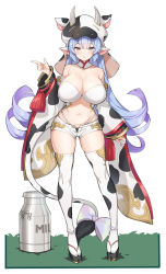 Rule 34 | :o, absurdres, animal costume, animal ears, animal print, bare shoulders, blue hair, blunt bangs, bottle, bow, breasts, bright pupils, catura (granblue fantasy), cleavage, collarbone, contrapposto, cow costume, cow ears, cow girl, cow hat, cow hood, cow horns, cow print, cow tail, detached collar, detached sleeves, draph, ear piercing, finger gun, full body, granblue fantasy, grass, highleg, highleg panties, highres, horns, huge breasts, leaning forward, long hair, long sleeves, looking at viewer, micro shorts, milk bottle, navel, open fly, open mouth, panties, piercing, platform footwear, print thighhighs, purple eyes, sandals, see-through, serin199, shorts, simple background, skindentation, slit pupils, solo, tail, thighhighs, tsurime, underwear, very long hair, white background, white shorts