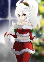 Rule 34 | 1girl, bare shoulders, breasts, christmas, christmas tree, emperors saga, gloves, hair ornament, hcsb, highres, holding, long hair, looking at viewer, maka (saga), navel, open mouth, red eyes, red gloves, skirt, solo, thighhighs, white hair