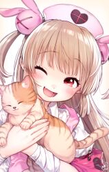 Rule 34 | 1girl, animal, bandaged arm, bandages, cat, fang, hat, highres, holding, holding animal, holding cat, light brown hair, long hair, natori sana, nurse cap, one eye closed, open mouth, own hands together, red eyes, saekiyahiro, safety pin, sana channel, solo, two side up, virtual youtuber