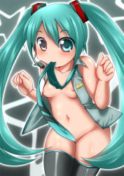 Rule 34 | 1girl, aqua eyes, aqua hair, bad id, bad pixiv id, bottomless, breasts, hatsune miku, headset, long hair, mouth hold, navel, necktie, nipples, open clothes, open shirt, poppoes, shirt, small breasts, solo, thighhighs, twintails, very long hair, vocaloid