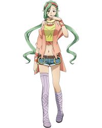 Rule 34 | 1girl, belt, boots, braid, elf, flagrant olive, green hair, log horizon, long hair, looking at viewer, navel, open mouth, shorts, solo, standing, thighhighs, thighs, tongue, twintails