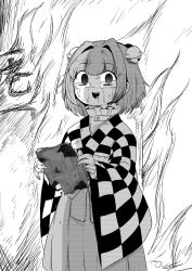 Rule 34 | 1girl, absurdres, bell, book, burnt, checkered clothes, checkered kimono, commentary request, crying, crying with eyes open, drooling, empty eyes, fire, greyscale, hair bell, hair intakes, hair ornament, highres, himajin noizu, holding, holding book, japanese clothes, kimono, long sleeves, looking at viewer, monochrome, motoori kosuzu, open mouth, saliva, short hair, solo, sweat, tears, touhou, wide sleeves