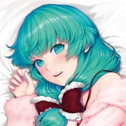 Rule 34 | 1girl, blunt bangs, blush, bow, commentary, eyelashes, face, frilled bow, frills, green eyes, green hair, hair bow, kageharu, kagiyama hina, looking at viewer, lying, medium hair, open mouth, red bow, solo, spaghetti strap, teeth, touhou, upper teeth only