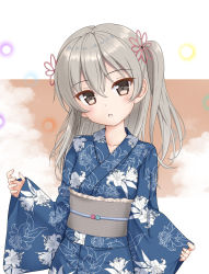 Rule 34 | 1girl, :o, blue kimono, blush, breasts, brown eyes, commentary request, flipper, floral print, girls und panzer, grey hair, hair between eyes, head tilt, highres, japanese clothes, kimono, long hair, long sleeves, looking at viewer, obi, one side up, parted lips, print kimono, sash, shimada arisu, sleeves past wrists, small breasts, solo, wide sleeves, yukata