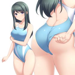 Rule 34 | 1girl, adjusting clothes, ass, bare arms, bare shoulders, black hair, blue eyes, blue one-piece swimsuit, breasts, closed mouth, collarbone, commentary request, competition swimsuit, covered navel, cowboy shot, highleg, highleg swimsuit, highres, large breasts, long hair, looking at viewer, multicolored clothes, multicolored swimsuit, multiple views, muv-luv, muv-luv alternative, one-piece swimsuit, pataneet, simple background, standing, striped clothes, striped one-piece swimsuit, swimsuit, white background, white one-piece swimsuit