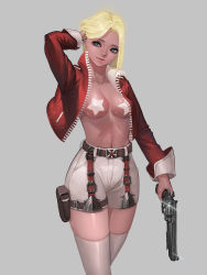 Rule 34 | 1girl, absurdres, adjusting hair, arm up, belt, belt buckle, blonde hair, blue eyes, breasts, buckle, cleavage, closed mouth, collarbone, commentary, covered erect nipples, cowboy shot, cropped jacket, dark-skinned female, dark skin, glint, grey background, gun, hand in own hair, handgun, highres, holding, holding gun, holding weapon, jacket, lips, long sleeves, medium breasts, navel, no bra, open clothes, open jacket, original, pasties, pouch, red jacket, revolver, ryea hwa, short hair, shorts, simple background, smile, solo, standing, star (symbol), star pasties, stomach, thick eyebrows, thighhighs, unzipped, weapon, white shorts, white thighhighs