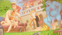 Rule 34 | 3girls, 6+boys, alcohol, anal, artist name, bartolomeobari, bottle, breast press, breasts, carrot (one piece), chicken (food), chicken leg, coach, commentary, couch, cum, double penetration, drunk, eating, english commentary, fellatio, food, franky (one piece), grabbing, grabbing another&#039;s breast, grass, group sex, handjob, hat, highres, holding, holding food, interspecies, monkey d. luffy, multiple boys, multiple girls, nami (one piece), nico robin, nude, on couch, one piece, oral, orgy, patreon logo, penis, roronoa zoro, sex, spitroast, straw hat pirates, suspended congress, tony tony chopper, twitter logo, vaginal