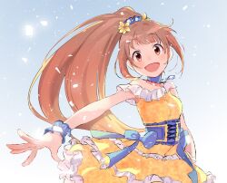 Rule 34 | 1girl, armpits, bare shoulders, blue background, blue bow, blue choker, blue ribbon, blue scrunchie, blush, bow, breasts, brown eyes, brown hair, choker, corset, dot nose, dress, flower, frilled dress, frills, gradient background, hair bow, hair flower, hair ornament, idolmaster, idolmaster cinderella girls, idolmaster cinderella girls starlight stage, jewelry, layered dress, long hair, looking at viewer, medium breasts, necklace, open mouth, outstretched arm, ponytail, ribbon, scrunchie, sleeveless, sleeveless dress, smile, solo, very long hair, wakabayashi tomoka, wrist scrunchie, yellow dress, yellow flower, yumesaki nana