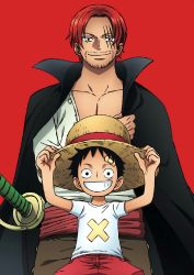 Rule 34 | 2boys, age difference, aged down, black hair, cape, facial hair, happy, hat, highres, monkey d. luffy, multiple boys, official art, one piece, one piece film: red, promotional art, red background, red hair, scar, scar across eye, scar on face, shanks (one piece), shirt, short hair, simple background, size difference, standing, straw hat, sword, weapon, white shirt