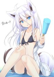 Rule 34 | 1girl, :o, absurdres, ahoge, animal ears, bikini, black bikini, blue eyes, breasts, coat, collarbone, extra ears, feet out of frame, food, fox ears, fox girl, fox tail, hair between eyes, hair strand, hand on own knee, highres, holding food, holding ice cream, ice cream, knees together feet apart, knees up, long hair, looking at viewer, off shoulder, original, partially submerged, popsicle, simple background, sitting, small breasts, solo, swimsuit, tail, water, white background, white coat, white hair, yukishiro haku