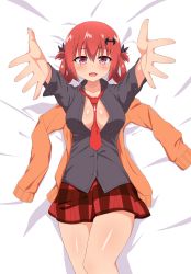 Rule 34 | 1girl, bat hair ornament, bed, between breasts, black shirt, blazer, blush, breasts, cleavage, come hither, gabriel dropout, hair ornament, hair tie, highres, jacket, large breasts, looking at viewer, lying, necktie, necktie between breasts, no bra, nyaroon, open clothes, open mouth, plaid, plaid skirt, reaching, reaching towards viewer, red eyes, red hair, satanichia kurumizawa mcdowell, shirt, skirt, smile, unbuttoned, unbuttoned shirt