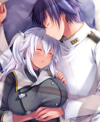 Rule 34 | 1boy, 1girl, absurdres, admiral (kancolle), black hair, blush, breasts, commentary request, dark-skinned female, dark skin, closed eyes, fang, highres, husband and wife, jewelry, kantai collection, large breasts, mashiro yukiya, military, military uniform, musashi (kancolle), musashi kai ni (kancolle), naval uniform, open mouth, ring, silver hair, sleeping, two side up, uniform, wedding band