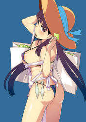 Rule 34 | 1girl, apron, areola slip, ass, bag, bikini, blue background, blunt bangs, blush, breasts, condom, condom wrapper, covered erect nipples, female focus, harurunn, hat, large breasts, long hair, looking at viewer, original, purple hair, red eyes, simple background, solo, striped bikini, striped clothes, sun hat, swimsuit, twintails, used condom