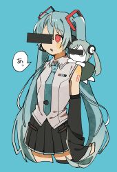 Rule 34 | 1girl, aimaina, bar censor, black skirt, black sleeves, blue background, blue hair, blue nails, blue necktie, blush stickers, censored, detached sleeves, hatsune miku, highres, identity censor, long hair, nanase (nanataroo 7), necktie, open mouth, red eyes, simple background, skirt, tokumei m (vocaloid), twintails, very long hair, vocaloid