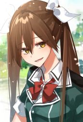 Rule 34 | 1girl, bow, bowtie, brown hair, green jacket, hair between eyes, hair ribbon, highres, jacket, kantai collection, katsuobushi (eba games), long hair, looking at viewer, open mouth, red bow, red bowtie, ribbon, smile, solo, tone (kancolle), tone kai ni (kancolle), twintails, upper body
