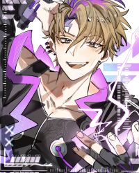 Rule 34 | 1boy, black gloves, black jacket, black tank top, blonde hair, ear piercing, fingerless gloves, gloves, hand on own head, highres, indie virtual youtuber, jacket, jieli, lightning, looking at viewer, male focus, multicolored hair, open mouth, piercing, purple hair, quinn benet, scar, short hair, single fingerless glove, smile, solo, tank top, teeth, upper teeth only, virtual youtuber