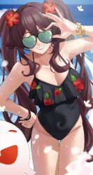 Rule 34 | 1girl, absurdres, alternate breast size, alternate costume, bead bracelet, beads, boo tao (genshin impact), bracelet, breasts, brown hair, cleavage, commentary, covered navel, flower, genshin impact, glasses, groin, haerge, hair flower, hair ornament, heart, heart-shaped eyewear, highres, hu tao (genshin impact), jewelry, long hair, ocean, one-piece swimsuit, small breasts, smile, swimsuit, thighs, twintails, very long hair