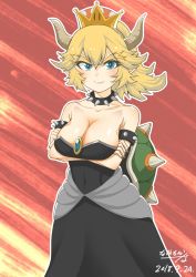 Rule 34 | 1girl, absurdres, arms under breasts, bare shoulders, black dress, blonde hair, blue eyes, bowsette, breast hold, breasts, cleavage, collar, collarbone, crossed arms, dated, dress, highres, horns, large breasts, looking at viewer, mario (series), medium hair, messy hair, nakachiruno, new super mario bros. u deluxe, nintendo, off-shoulder dress, off shoulder, ponytail, solo, super crown