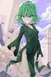 Rule 34 | 1girl, absurdres, ahoge, arms at sides, bad id, bad pixiv id, blue sky, blush, breasts, closed mouth, cloud, cloudy sky, collarbone, collared dress, commentary request, cowboy shot, curly hair, day, dress, eyelashes, flipped hair, floating, floating rock, green dress, green eyes, green hair, groin, hair between eyes, highres, long sleeves, looking at viewer, medium hair, no panties, one-punch man, outdoors, qihei haigu, short hair, side slit, sky, small breasts, smile, solo, tatsumaki, telekinesis, tower, wing collar
