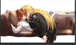 2girls absurdres black_thighhighs blonde_hair blush border breasts brown_eyes brown_hair couple fate_testarossa full_body groping highres kaichan2536 large_breasts long_hair looking_at_another lyrical_nanoha mahou_shoujo_lyrical_nanoha_vivid multiple_girls navel open_mouth skirt socks takamachi_nanoha thighhighs very_long_hair white_border wife_and_wife yuri