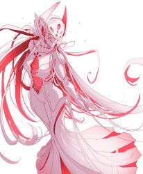 Rule 34 | 1girl, absurdres, armored core, armored core 6, ayre (armored core 6), bare shoulders, breasts, colored skin, commentary request, dress, highres, jojo05 rabbit09, long hair, medium breasts, monochrome, personification, red hair, simple background, solo, very long hair, white background, white dress, white hair, white skin