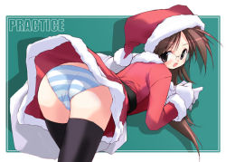Rule 34 | 1girl, ass, bent over, black thighhighs, blue panties, blush, brown eyes, brown hair, christmas, dress, glasses, gloves, green background, hat, long hair, looking back, original, panties, pantyshot, santa costume, santa hat, short dress, simple background, solo, striped clothes, striped panties, thighhighs, trefoil, underwear, upskirt, white gloves, wind, wind lift