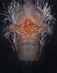 Rule 34 | 1boy, abs, bare pectorals, belt, black coat, black hair, blending, chain, chrollo lucilfer, coat, dark, earrings, exposed bone, exposed heart, fur-trimmed coat, fur trim, hands on own chest, head out of frame, heart (organ), highres, hole in chest, hole on body, hunter x hunter, jewelry, male focus, navel, open clothes, open coat, parted lips, pectorals, ribs, ripping, sakkdo, short hair, solo, sphere earrings