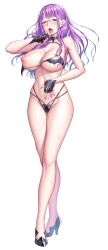 Rule 34 | 1girl, absurdres, blush, floating hair, full body, glasses, gloves, high heels, highres, kirikasumi ritsuha, lilith-soft, long hair, multicolored hair, navel, nipples, official art, open mouth, purple eyes, purple hair, shiny skin, simple background, solo, sweat, taimanin (series), taimanin rpgx, tongue, underwear, zol