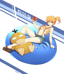 Rule 34 | 1girl, absurdres, bare arms, bare legs, bare shoulders, blush, breasts, creatures (company), crop top, denim, denim shorts, game freak, gen 1 pokemon, green eyes, highres, holding, holding poke ball, legs, looking at viewer, medium breasts, midriff, misty (pokemon), nintendo, orange hair, poke ball, pokemon, pokemon (anime), pokemon (classic anime), pokemon (creature), ponytail, psyduck, sandals, shirt, shoes, short shorts, shorts, simple background, sleeveless, sleeveless shirt, suspenders, thighs, underboob, v, yellow shirt
