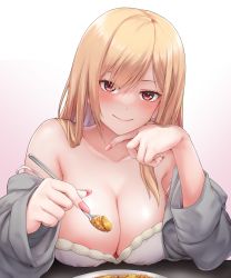 Rule 34 | 1girl, absurdres, bare shoulders, blonde hair, bra, breasts, chien zero, cleavage, closed mouth, collarbone, commentary request, ear piercing, fingernails, food, gradient background, grey jacket, hand on own chin, highres, holding, holding spoon, jacket, kitagawa marin, large breasts, long fingernails, long hair, long sleeves, looking at viewer, nail polish, open clothes, open jacket, piercing, pink background, pov, red eyes, revision, smile, solo, sono bisque doll wa koi wo suru, spoon, strap slip, underwear, upper body, white background, white bra