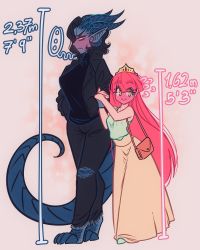 Rule 34 | 2girls, arm hug, bag, black jacket, black pants, black shirt, blue skin, blush, brown skirt, closed mouth, colored skin, crown, embarrassed, flying sweatdrops, full-face blush, green eyes, green shirt, hands in pockets, height, height difference, highres, horns, jacket, loen, long hair, long skirt, monster girl, multiple girls, multiple horns, original, pants, pink hair, pointy ears, shirt, shoulder bag, skirt, sleeveless, sleeveless shirt, smile, standing, tail, torn clothes, torn pants, wide-eyed, yellow eyes, yuri