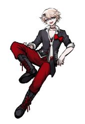 Rule 34 | 1boy, :d, absurdres, bear hair ornament, black choker, black footwear, black shirt, blonde hair, blue eyes, boots, bow, choker, collarbone, cross-laced footwear, danganronpa: trigger happy havoc, danganronpa (series), enoshima junko, full body, genderswap, genderswap (ftm), hair ornament, hairclip, highres, invisible chair, knee up, lace-up boots, leaning back, looking at viewer, male focus, necktie, no (xpxz7347), open mouth, pants, red bow, red pants, school uniform, shirt, short hair, simple background, sitting, smile, solo, white background